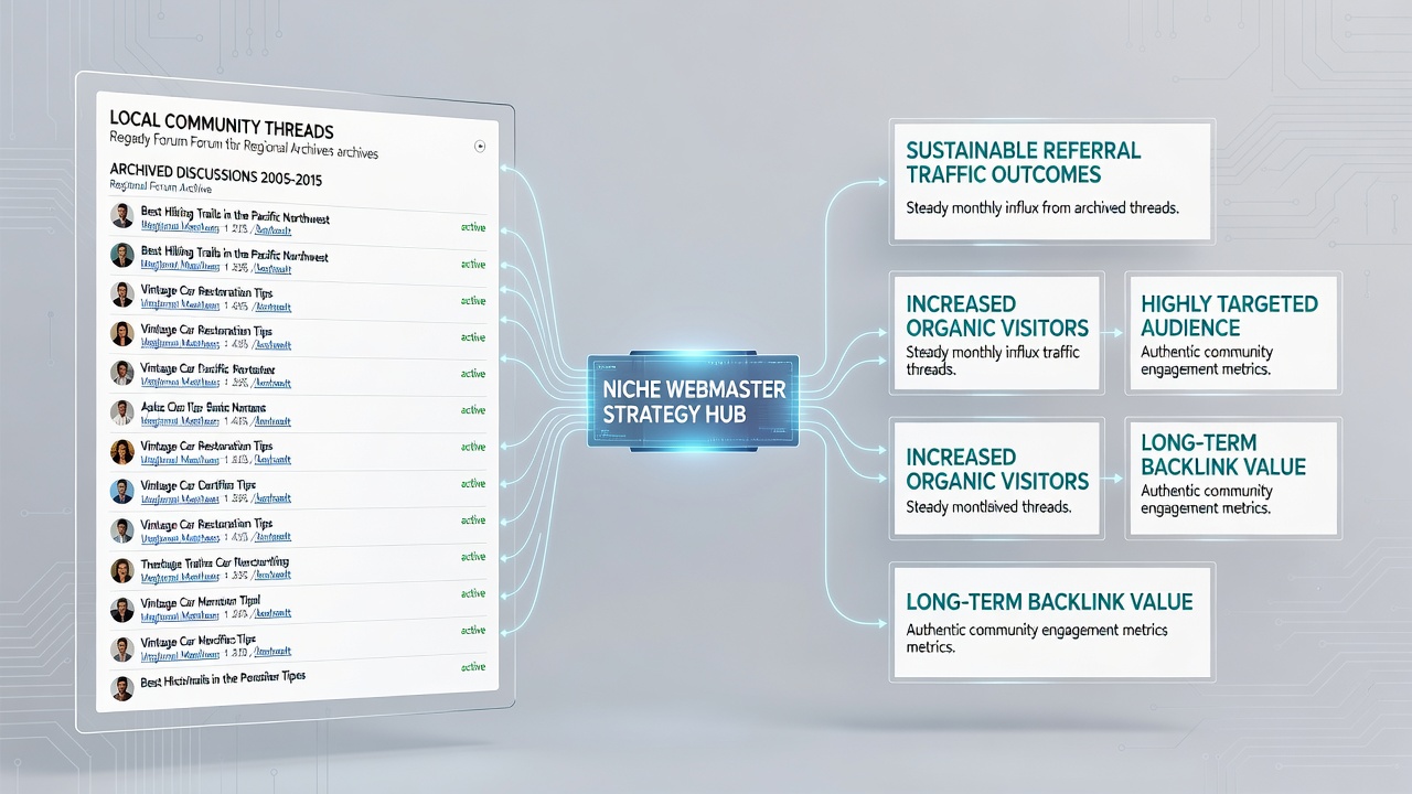 Archived forum pages displayed alongside analytics dashboards showing referral traffic sources