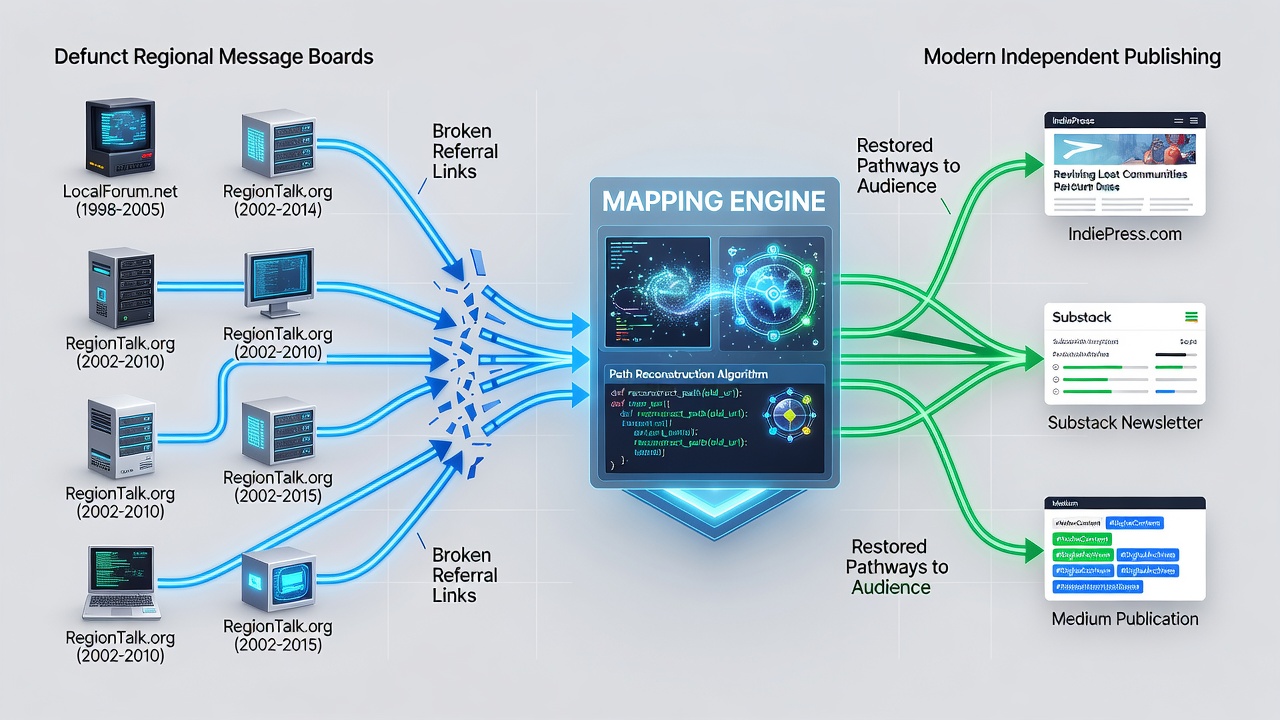 Archive screenshots overlaid with modern site analytics illustrating referral source continuity